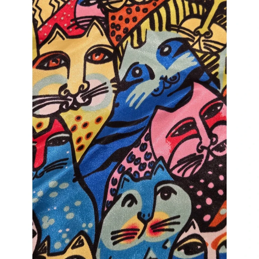 Colorful Maximalist Cat Print Satin Square Scarf Multi Geometric Border 35x35